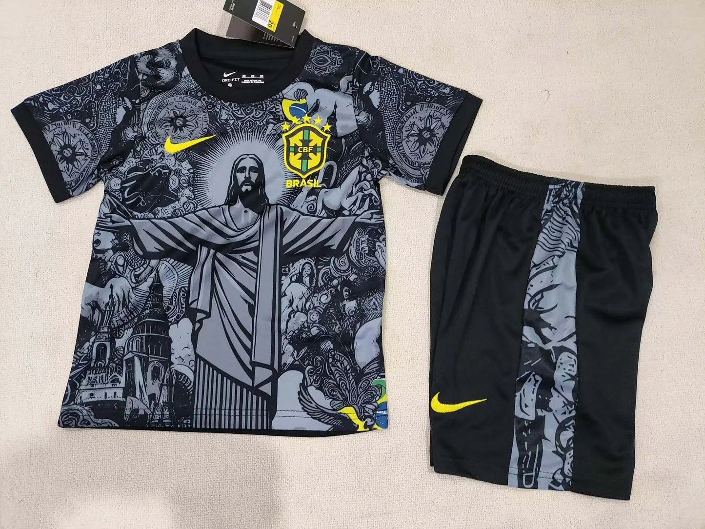 2024 Brazil Special Edition Jesus Black Gray Soccer Jersey Kids Size FTBL4ALL